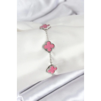 316L Çelik Gümüş Zincir Pembe Renk Yonca Bileklik