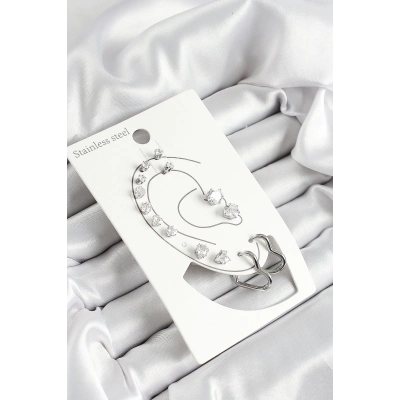 316L Çelik Kalp Figürlü Ve Zirkon Taşlı Gümüş Renk 7li Çift Kadın Küpe Set