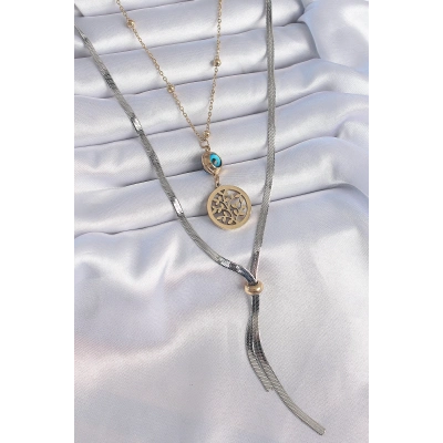 316L Çelik Mix Renk Filiz Figür Nazar Boncuk Detay Uzun Kadın Kolye