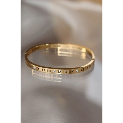 316L Çelik Roma Rakamlı Gold Renk Bilezik Kelepçe