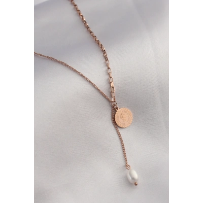 316L Çelik Rose Renk İşlemeli Sallantılı Kadın Kolye