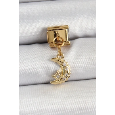 316L Çelik Sallantılı Zirkon Taşlı Ay Model Gold Renk Nomination Charm