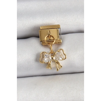 316L Çelik Sallantılı Zirkon Taşlı Fiyonk Model Gold Renk Nomination Charm