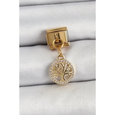 316L Çelik Sallantılı Zirkon Taşlı Hayat Ağacı Model Gold Renk Nomination Charm