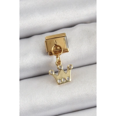 316L Çelik Sallantılı Zirkon Taşlı Kraliçe Tacı Model Gold Renk Nomination Charm