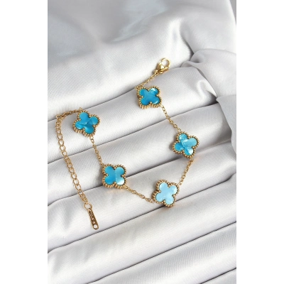 316L Çelik Sedefli Gökyüzü Mavisi Gold Renk Yonca Kadın Bileklik