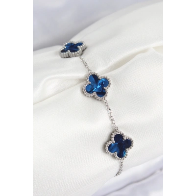 316L Çelik Sedefli Lacivert Gümüş Renk Yonca Kadın Bileklik