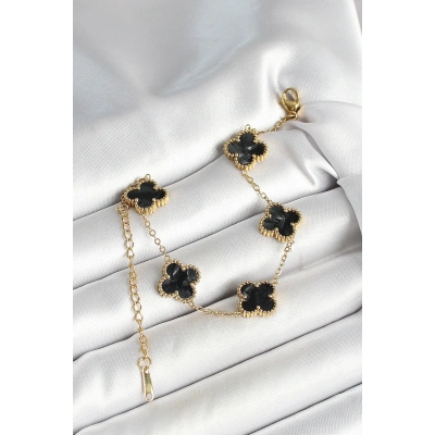 316L Çelik Sedefli Siyah Gold Renk Yonca Kadın Bileklik