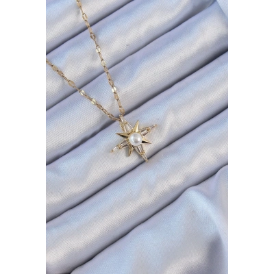 316L Çelik Zincir Altın Renk Baget Taşlı İnci Detay Kutup Yıldızı Kolye