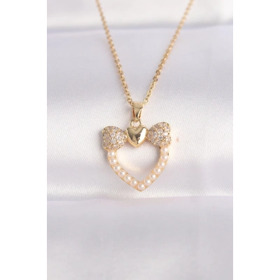 316L Çelik Zincir Altın Renk İnci Taş Detay Zirkon Taşlı Kalp Kolye