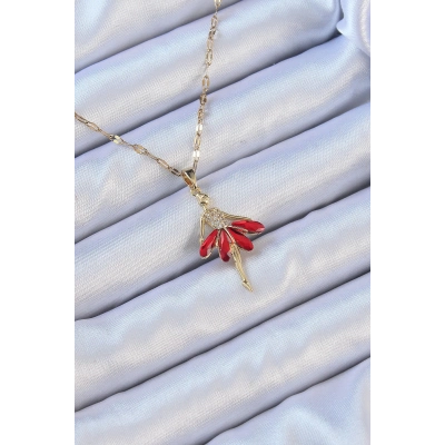 316L Çelik Zincir Altın Renk Kırmızı Etekli Zirkon Taşlı Balerin Kolye