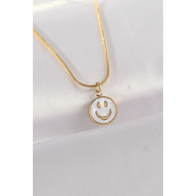 316L Çelik Zincir Altın Renk Mermer Desenli Minimal Smile Kolye
