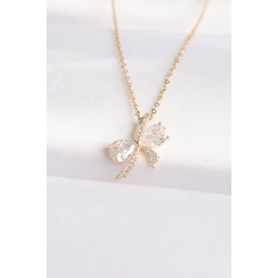 316L Çelik Zincir Altın Renk Zirkon Taşlı Fiyonk Kolye