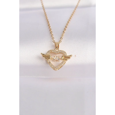 316L Çelik Zincir Altın Renk Zirkon Taşlı Kanatlı Kalp Kolye
