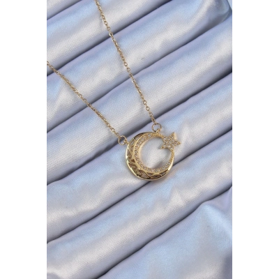 316L Çelik Zincir Altın Renk Zirkon Taşlı Motifli Ay Yıldız Kolye