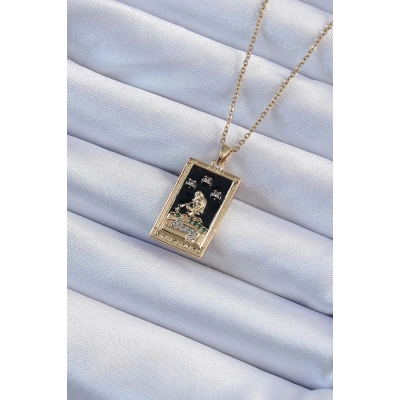 316L Çelik Zincir Altın Renk Zirkon Taşlı Siyah Mineli Kız Figürlü Tarot Kolye