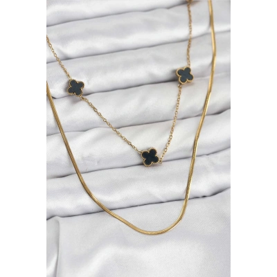 316L Çelik Zincir Gold Renk İtalyan Zincirli Siyah Yonca Model Kadın Kolye