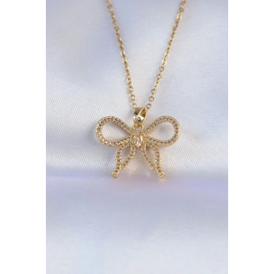 316L Çelik Zincir Gold Renk Zirkon Taşlı Fiyonk Kolye