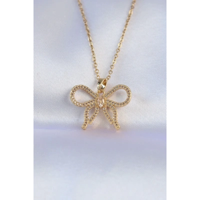 316L Çelik Zincir Gold Renk Zirkon Taşlı Fiyonk Kolye