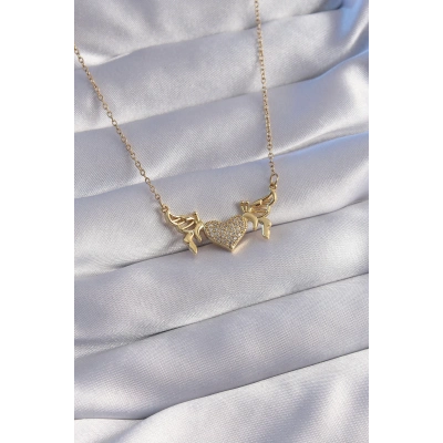 316L Çelik Zincir Gold Renk Zirkon Taşlı Kalp Model Kelebek Detay Kolye