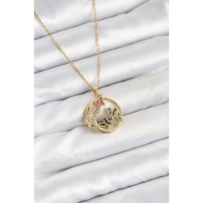 316L Çelik Zincir Gold Renk Zirkon Taşlı Kelebekli Kadın Kolye