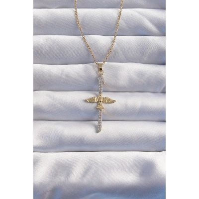 316L Çelik Zincir Gold Renkli Zirkon Taşlı Anka Kuşu Kolye