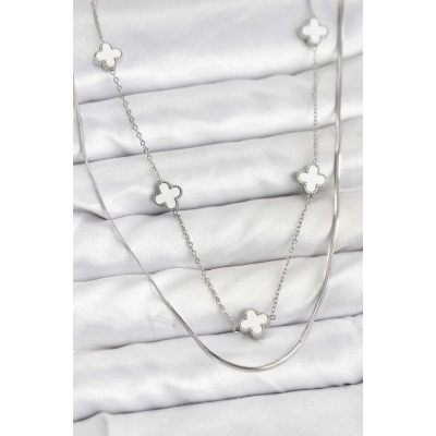 316L Çelik Zincir Gümüş Renk İtalyan Zincirli Yonca Model Kadın Kolye