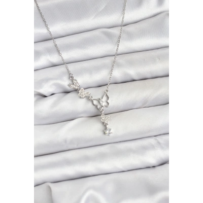 316L Çelik Zincir Gümüş Renk Kelebek Model Kadın Kolye