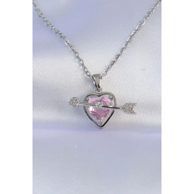 316L Çelik Zincir Gümüş Renk Pembe Zirkon Taşlı Eros Kolye