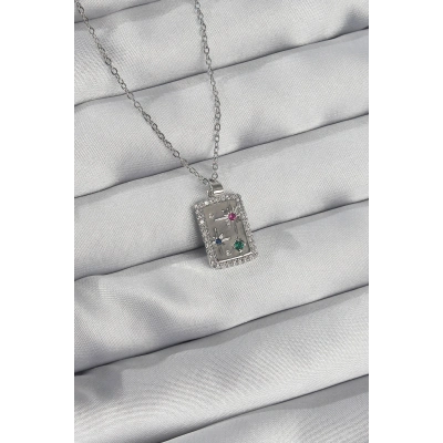 316L Çelik Zincir Gümüş Renk Renkli Zirkon Taşlı Vintage Kolye