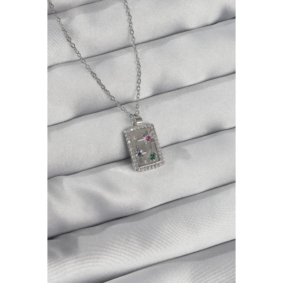 316L Çelik Zincir Gümüş Renk Renkli Zirkon Taşlı Vintage Kolye