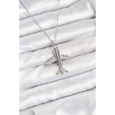 316L Çelik Zincir Gümüş Renk Uçak Model Kadın Kolye