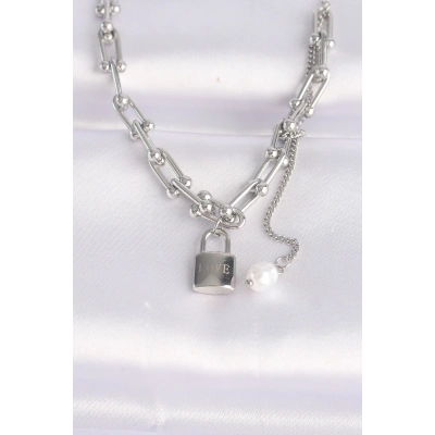 316L Çelik Zincir Gümüş Renk Zincirli Love Yazılı Kilit Kolye