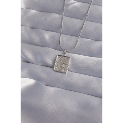 316L Çelik Zincir Gümüş Renk Zirkon Taşlı Ay Yıldız Figürlü Tarot Kolye