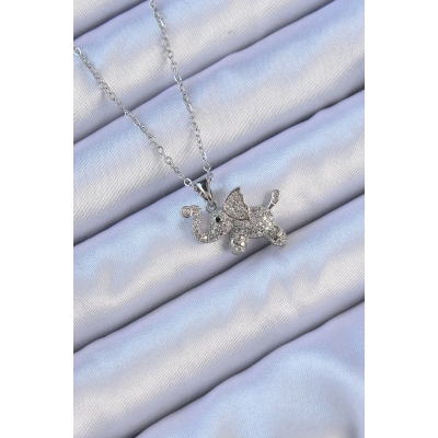 316L Çelik Zincir Gümüş Renk Zirkon Taşlı Fil Kolye