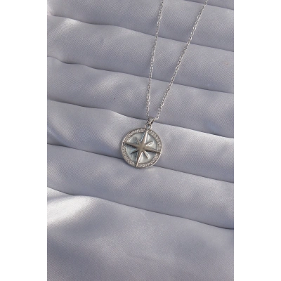 316L Çelik Zincir Gümüş Renk Zirkon Taşlı Kutup Yıldızı Kolye