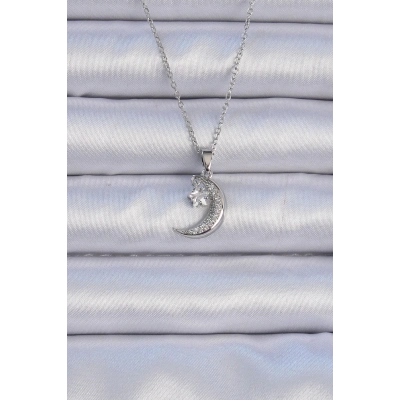 316L Çelik Zincir Gümüş Renk Zirkon Taşlı Sallantılı Ay Yıldız Kolye