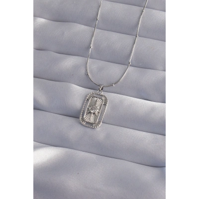 316L Çelik Zincir Gümüş Renk Zirkon Taşlı Tarot Kolye