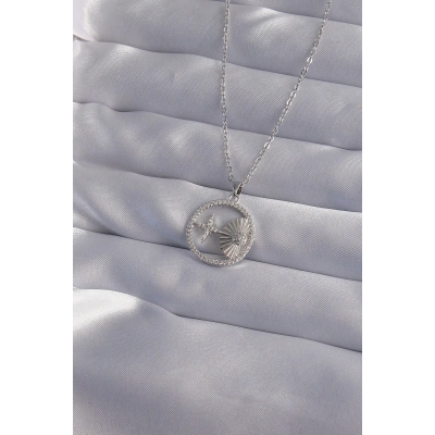 316L Çelik Zincir Gümüş Renk Zirkon Taşlı Yıldız Figürlü Oval Kolye