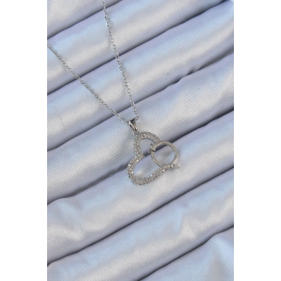 316L Çelik Zincir Gümüş Renk Zirkon Taşlı Yüzüklü Kalp Kolye