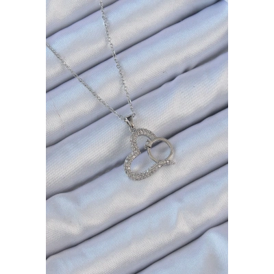 316L Çelik Zincir Gümüş Renk Zirkon Taşlı Yüzüklü Kalp Kolye