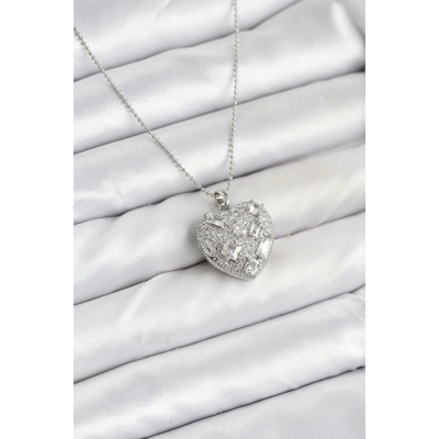 316L Çelik Zincir Gümüş Zirkon Taşlı Kalpli Kadın Kolye