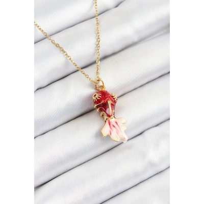 316L Çelik Zincir Kırmızı Balık Model Gold Renk Kadın Kolye