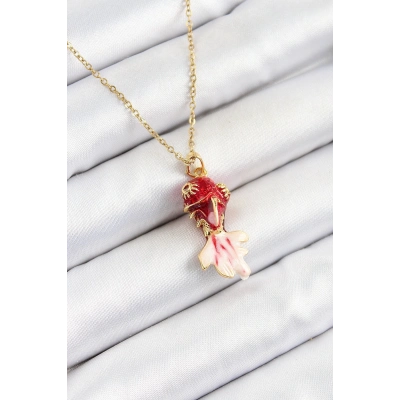 316L Çelik Zincir Kırmızı Balık Model Gold Renk Kadın Kolye