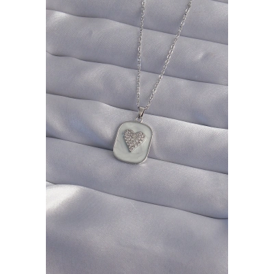 316L Çelik Zincir Mermer Desenli Gümüş Renk Zirkon Taşlı Kalp Model Kolye