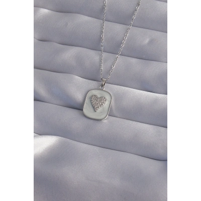 316L Çelik Zincir Mermer Desenli Gümüş Renk Zirkon Taşlı Kalp Model Kolye