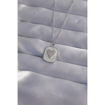 316L Çelik Zincir Mermer Desenli Gümüş Renk Zirkon Taşlı Kalp Model Kolye
