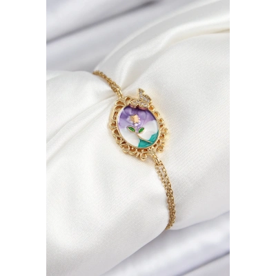 316L Çelik Zincir Mineli Sanatsal Portre Zirkon Taşlı Kelebek Detaylı Çiçek Model Gold Renk Kadın Bileklik