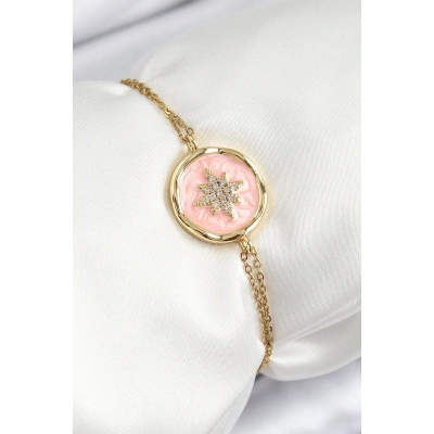 316L Çelik Zincir Pembe Mineli Sanatsal Portre Kuzey Yıldızı Model Gold Renk Kadın Bileklik