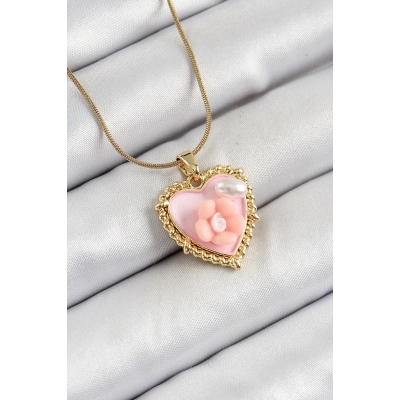 316L Çelik Zincir Pembe Sanatsal Portre İnci Detaylı Papatya Figürlü Kalp Model Gold Renk Kadın Kolye